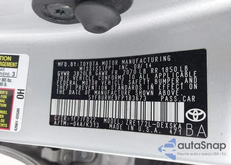 2015 Toyota Corolla S Plus z USA, uszkodzony, nr VIN 5YFBURHE9FP183673